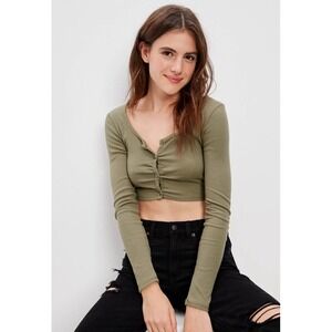 American Eagle Olive Green Ribbed Long Sleeve Ruched‎ Front Button Crop Top M